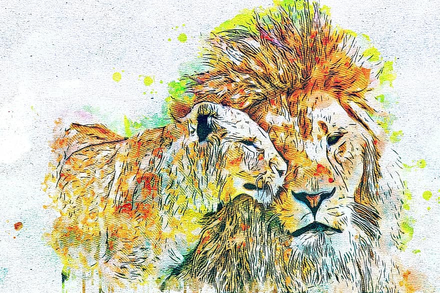 león, leona, salvaje, Art º, acuarela, vendimia, gato, animal, emoción, artístico, resumen