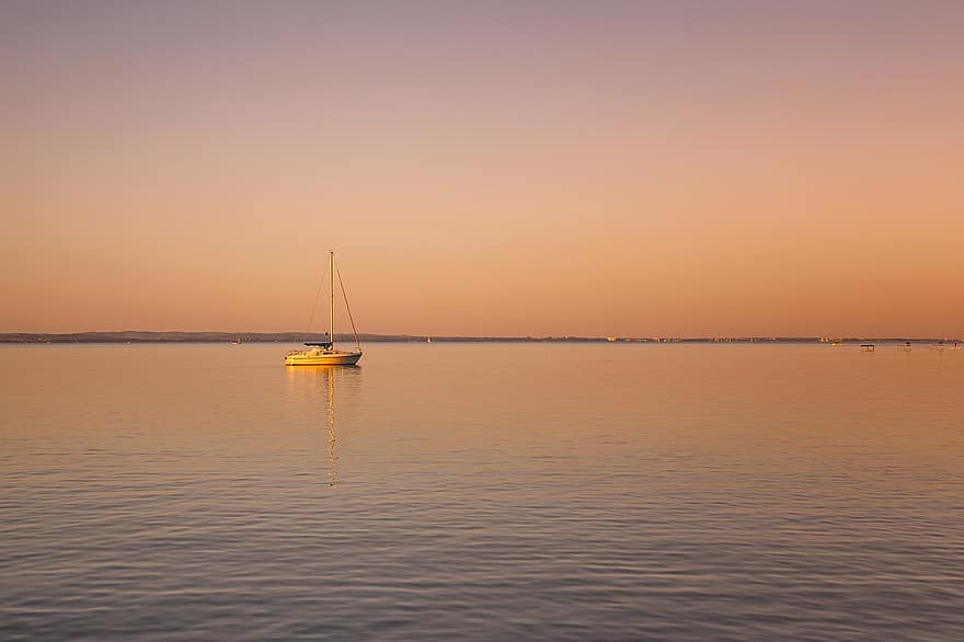lago, bote, puesta de sol, navegación, agua, cielo, horizonte, reflexión