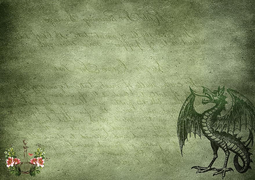 Dragon, Paper, Font, Vintage, Old, Texture, Flowers, Decoration, Stationery, Shabby Chic, Green
