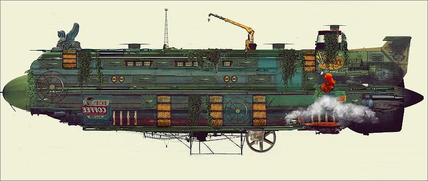 steampunk, luftskip, fantasi, Dieselpunk, Atompunk, science fiction, industri, transport, maskineri, Shipping, illustrasjon
