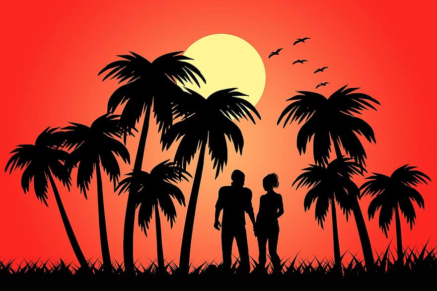 silhouet, palmen, paar, zonsondergang, bomen, tropisch, romantisch, samen, lovers, zon