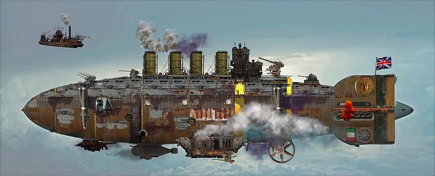 vzducholoď, steampunk, fantazie, Dieselpunk, Atompunk, sci-fi, průmysl, stroje, technologie, továrna, přeprava