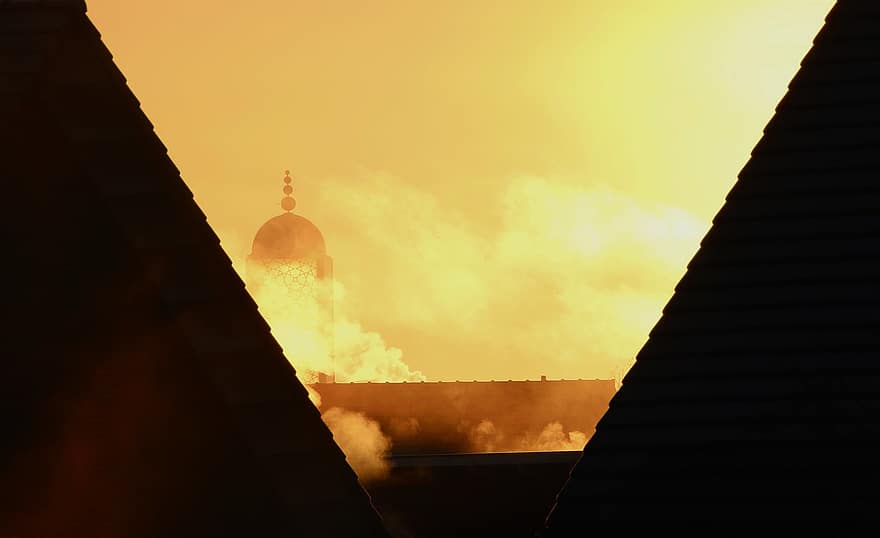 Восход, мечеть, свет, небо, мечта, дым, желтый, религия, заход солнца, архитектура, духовность