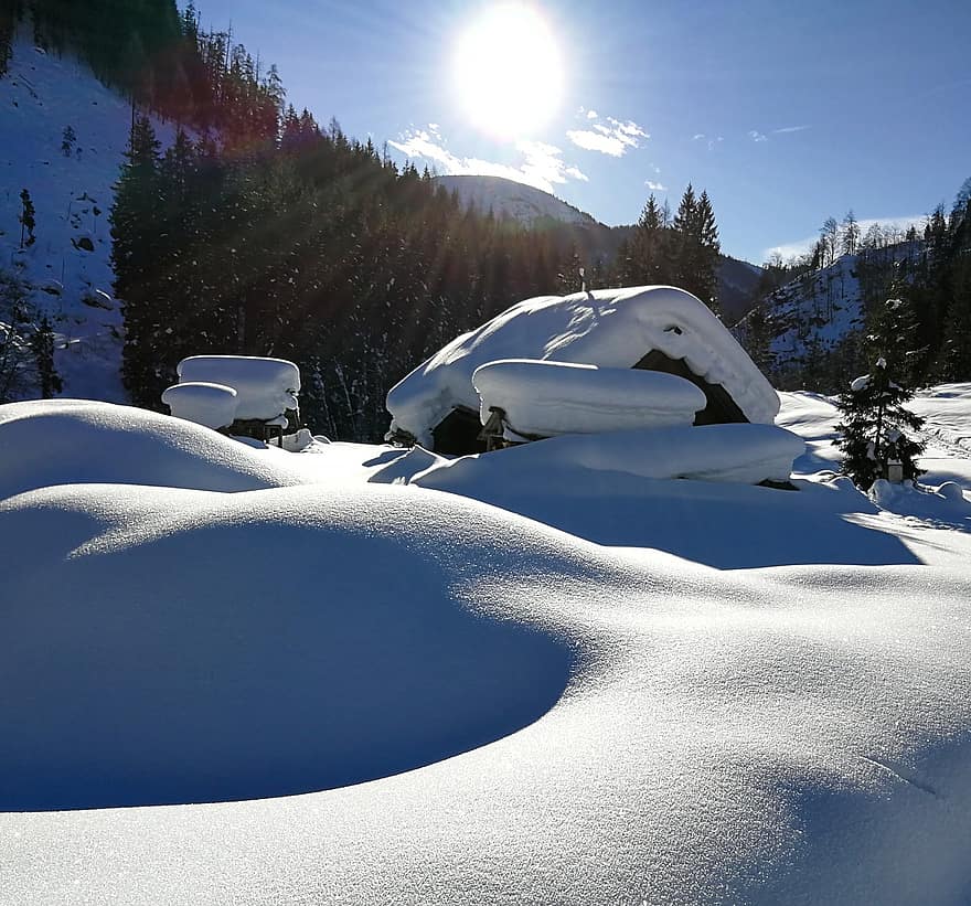 cabaña alpina, nieve, invierno, raquetas de nieve, recorrido de esquí
