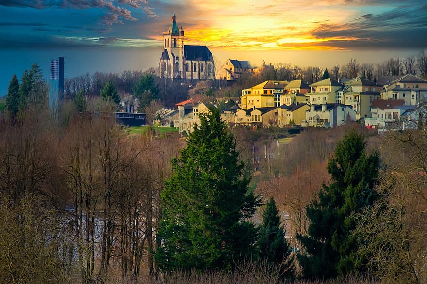 Village, Sunset, Town, Countryside, Landscape, Trees