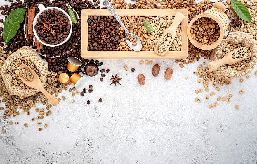 Coffee, Beans, Arabica, Caffeine, Coffee Beans, Spices, Flat Lay, Composition, Copy Space, Cafe, Dark Roast