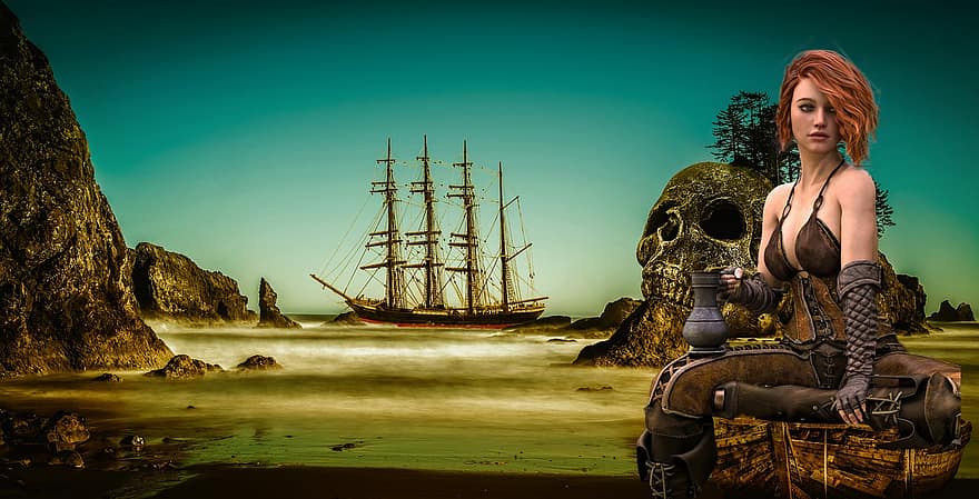 sfondo, montagne, cranio, oceano, nave, pirata, nave nautica, veliero, donne, barca a vela, andare in barca