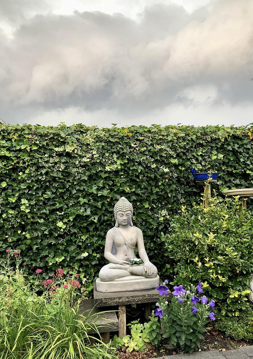 Buddha, socha, sochařství, rozjímání, počasí, déšť, bouřka, horizont