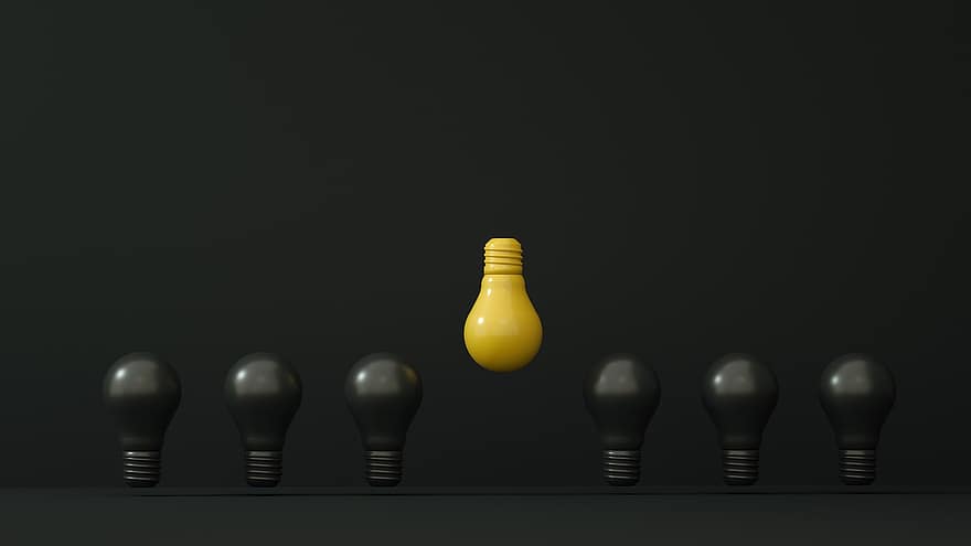 Liderança, chuva de ideias, idéia, individualidade, conceito, 3d render, 3d Mockup, lâmpadas, Educação, fundo, copie o espaço
