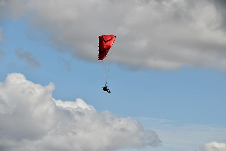 paragliding, kluzáku, červené křídlo, červená plachta, vítr, tepelný, volný čas, sport, Métérologie, atmosféra, nadmořská výška