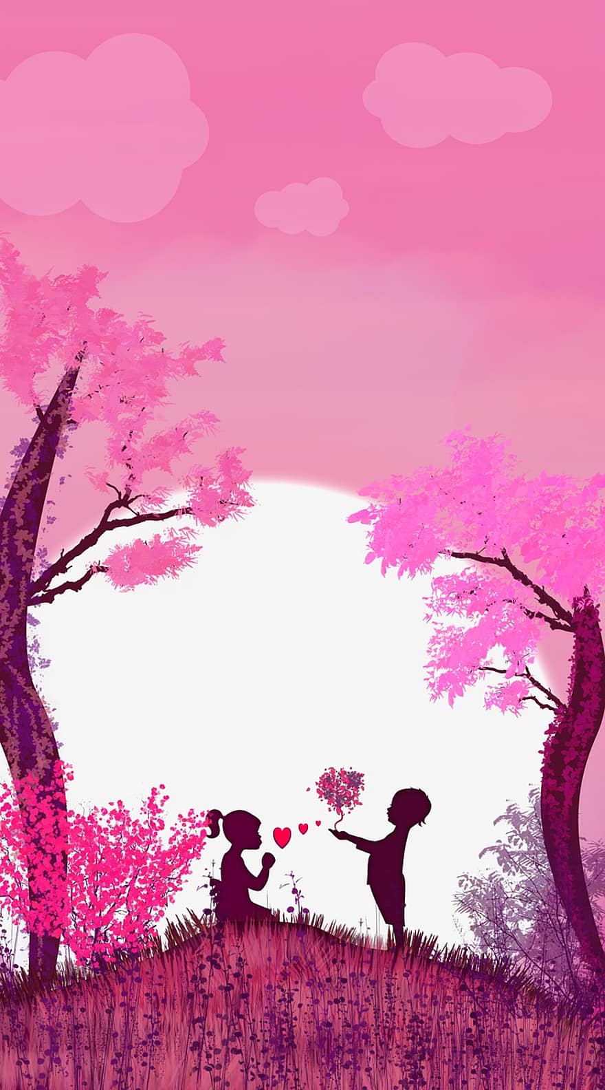 amour, couple, fond rose, romance, arbre, vecteur, illustration, le coucher du soleil, paysage, arrière-plans, silhouette