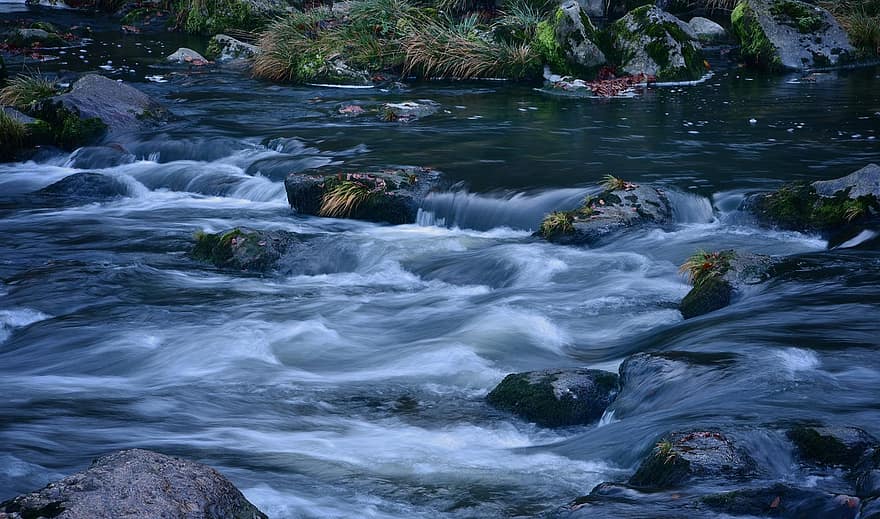 riu, pedres, ràpids, corrent, rierol, flux, aigua que flueix, cascada, en cascada, torrent, bach