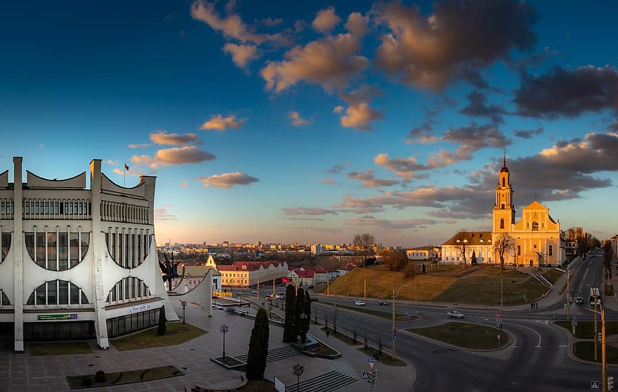 Valko-Venäjä, Grodno, panoraama, kaupunki, arkkitehtuuri, katu, tie