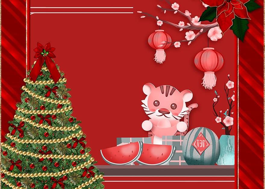 tiger, julgran, ornament, jul, fyrverkeri, tapet, firande, träd, dekoration, illustration, bakgrunder