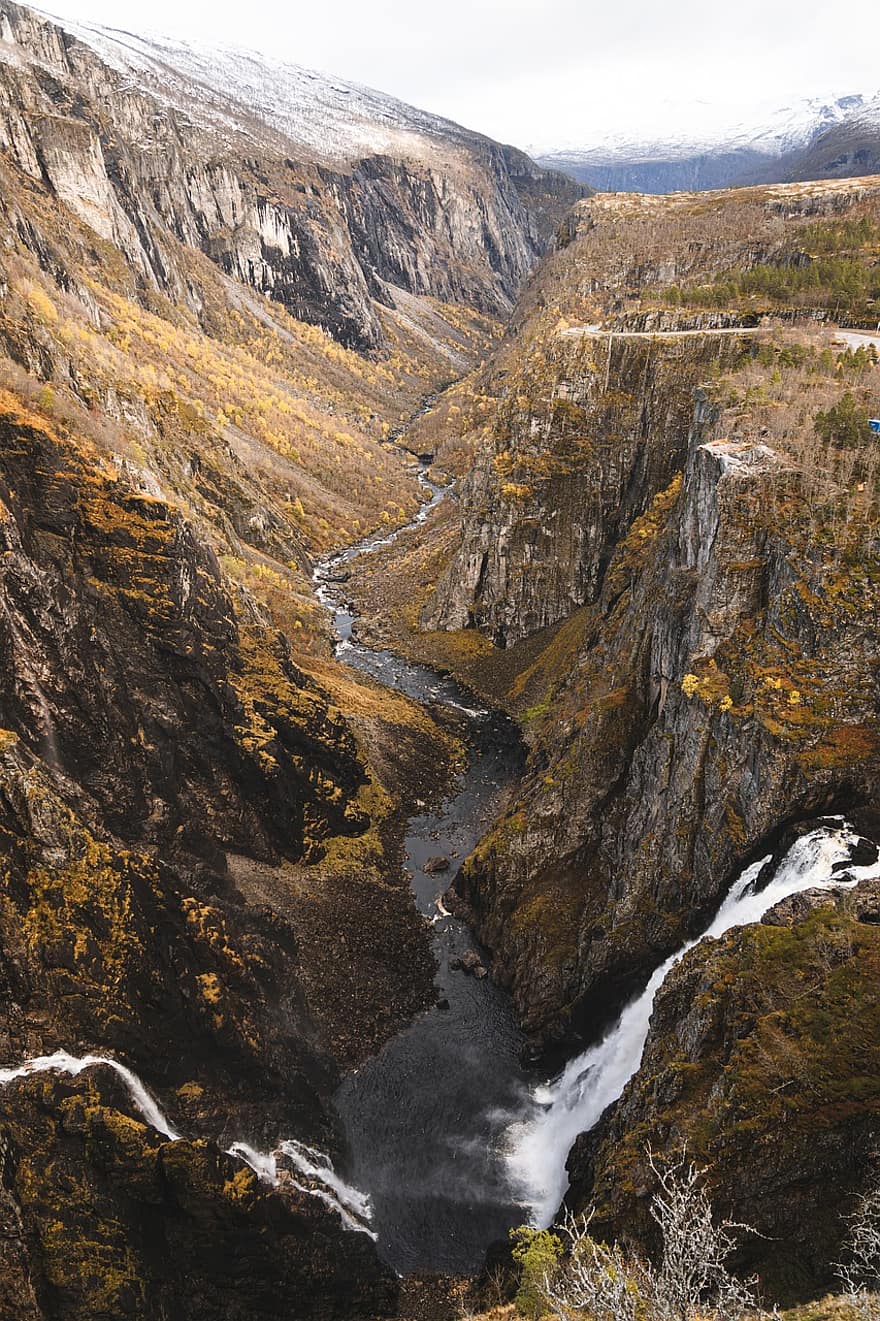 Noruega, rio, vale, Escandinávia, panorama, montanhas, platô, outono, Parque Nacional, cascata, montanha