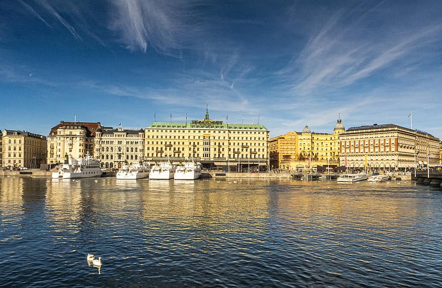 シティ、港、旅行、観光、ボート、スウェーデン、ストックホルム、有名な場所、建築、街並み、水