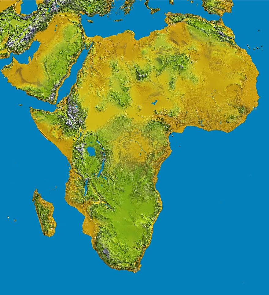 Afrika, kaart, reliëf, land-, continent, aardrijkskunde, SRTM, kleur, inkleuren, atlas