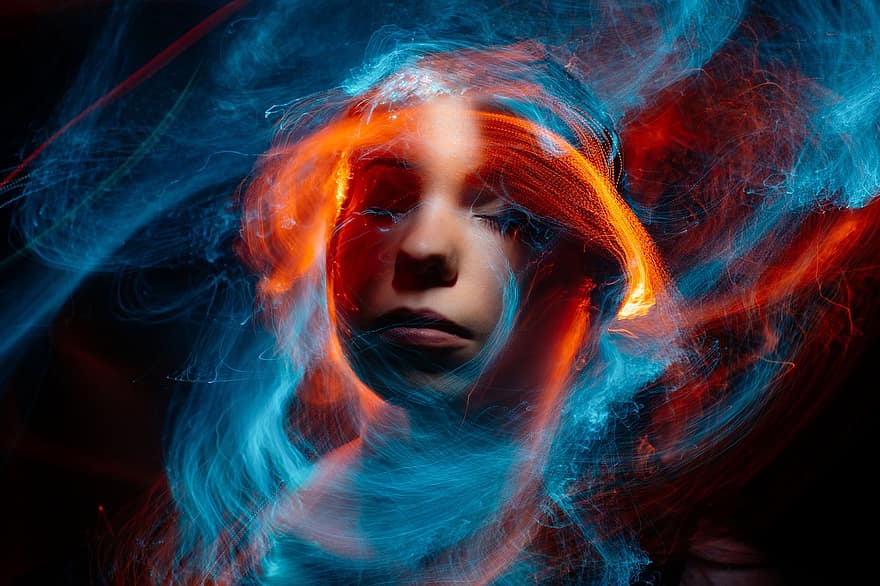 Woman, Face, Eyes, Dust, Light, Abstract, Astral, Glowing, Magic, Neon, Lady