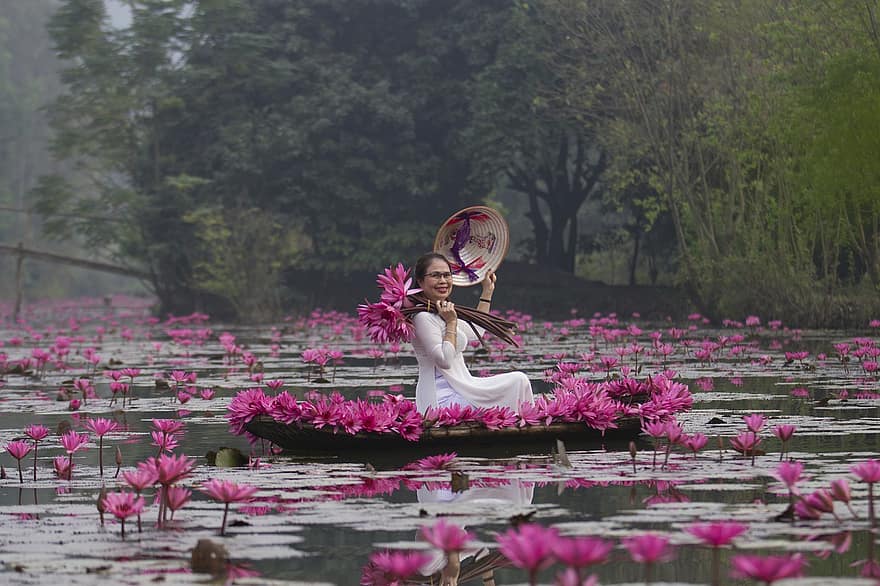 Lotusse, Blumen, Frau, weißes Kleid, Hut, pinke Blumen, Lotusblumen, Seerosen, blühen, Blütenblätter, rosa Blütenblätter