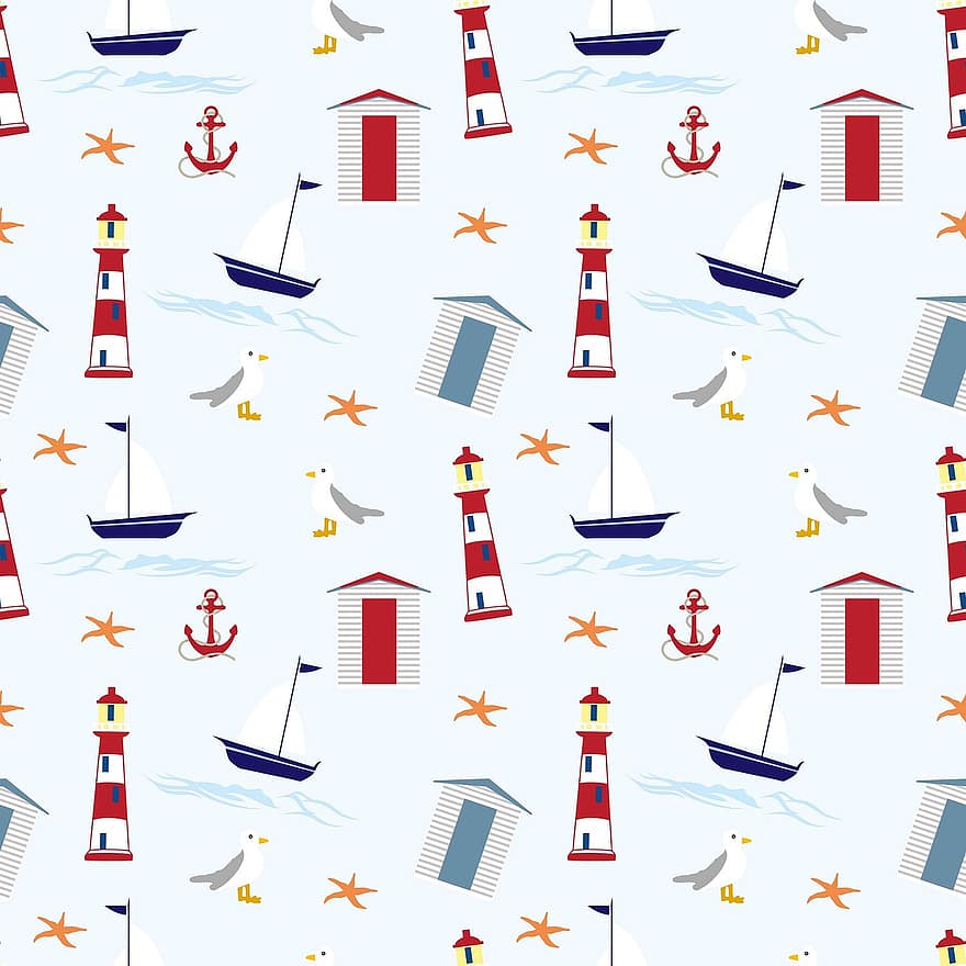 Nautical, Wallpaper, Background, Pattern, Seamless, Lighthouse, Sail Boat, Sailing Boat, Boat, Starfish, Anchor