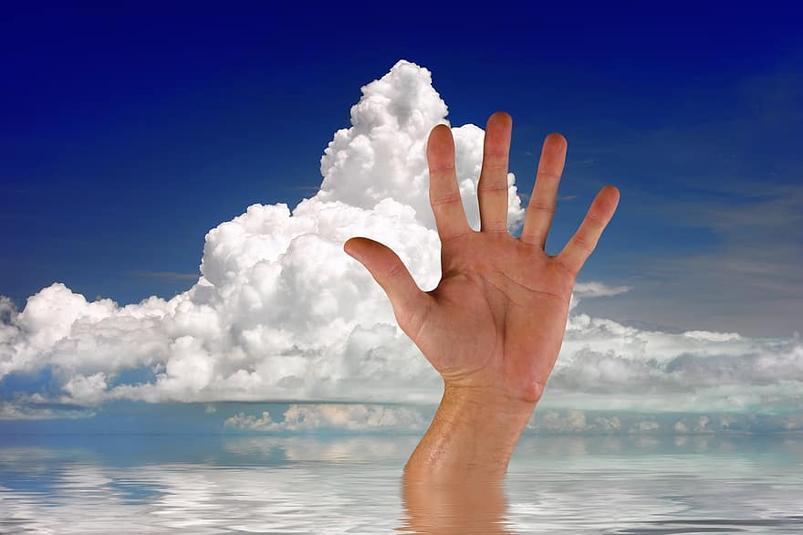 hånd, hav, vann, bølge, skyer, hjelp, lagre, drukning, innstilling, finger, blå
