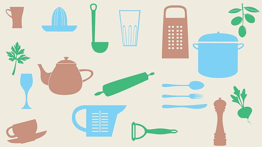 fundo, cozinhando, utensílios de cozinha, legumes, maconha, concha, chaleira, um copo de, raspador, ralador, vidro