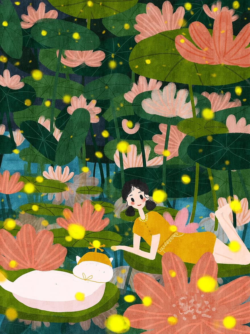 kız, karikatür, Nilüfer yaprağı, su zambakları, kaprisli