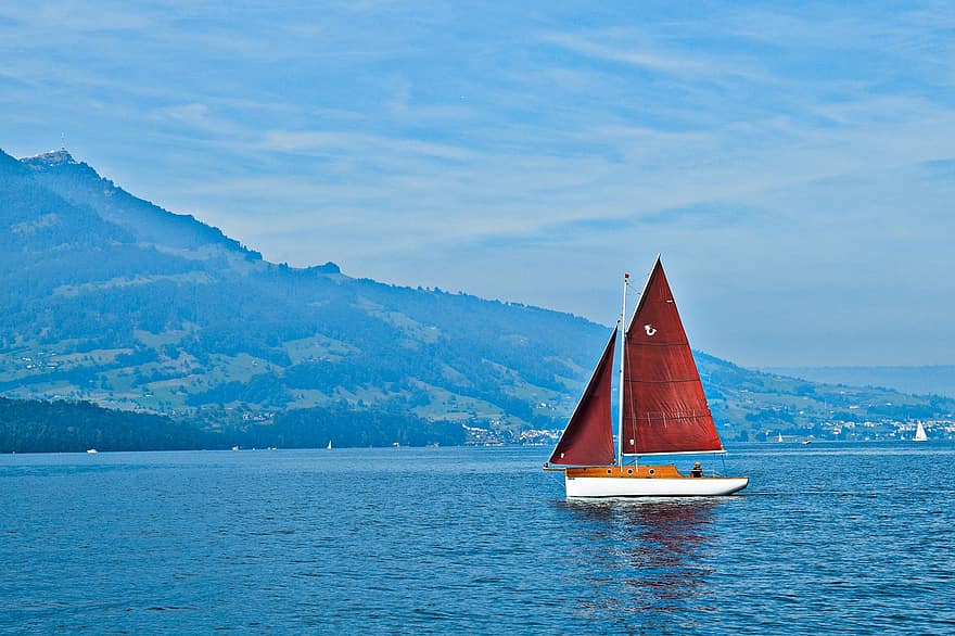 ヨット、セーリング、湖、ボート、帆、帆船、山、水、余暇