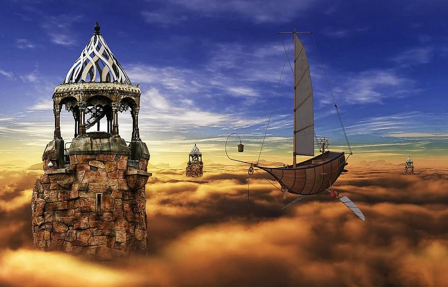 fantasia, castell, cel, vaixell, núvols, aire, màstil, artesania, volant, disseny, vehicle