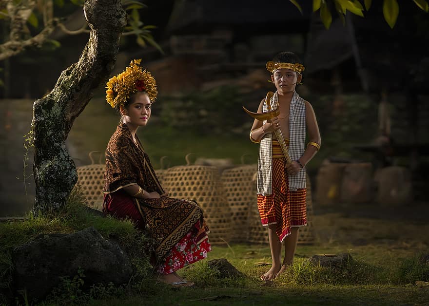 женщина, мальчик, индонезийский, бали, Индонезия, культура, древний, деревня