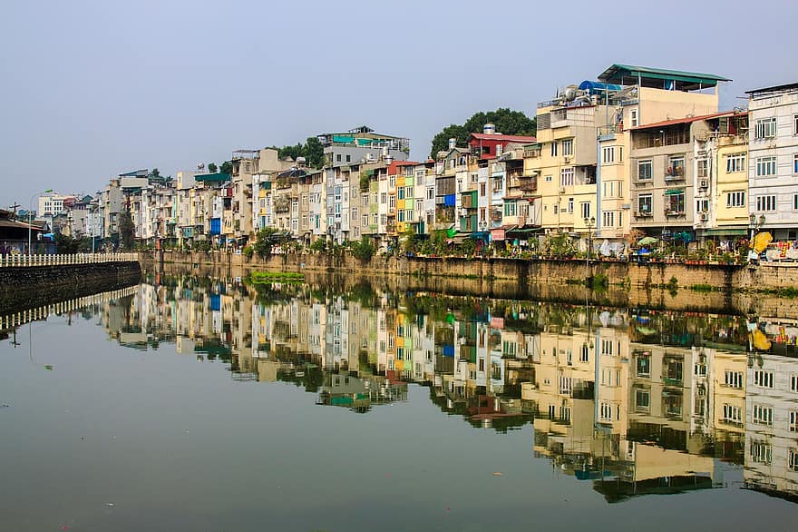 épületek, lakások, házak, ház, városi, építészet, víz, tó, tartózkodás, város, Hanoi