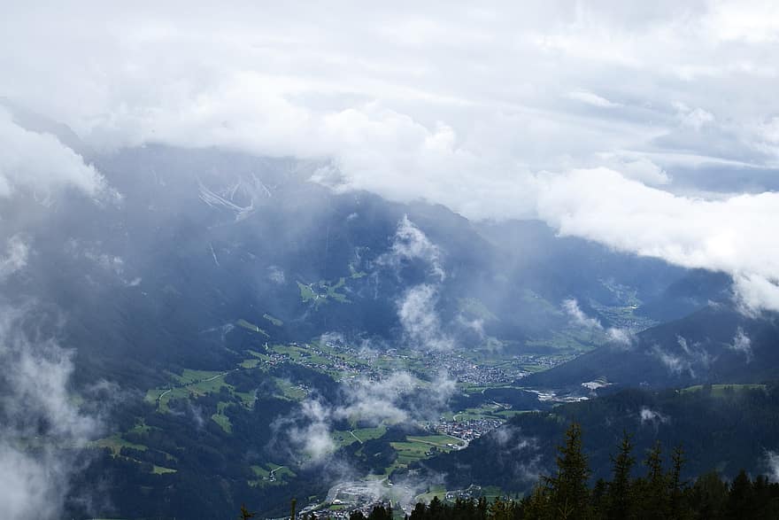 bjerge, skyer, himmel, landskab, vegetation, træer, sommer, Alperne, Innsbruck, bjerg, bjergtop