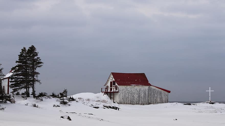 talvi-, lato, Québec, lumi, rakennus, tapetti, maisema, luonto, vuori, kristinusko, puu