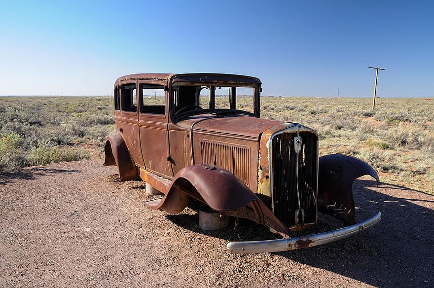 auto, pamesta, tuksnesis, rusted, vecs, antikvariāts, transportlīdzekli, ceļot, ceļš, arizona, maršruts 66