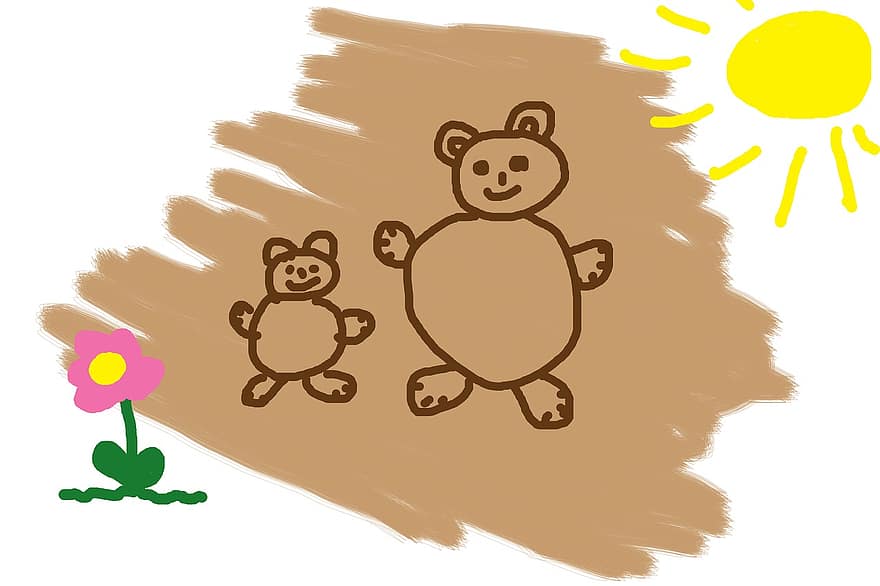 děti kreslení, medvěd, slunce, výkres