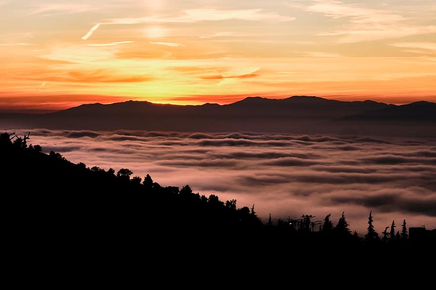 Sunset, Clouds, Mountains, Forest, Trees, Fog, Sky, Nature, Landscape
