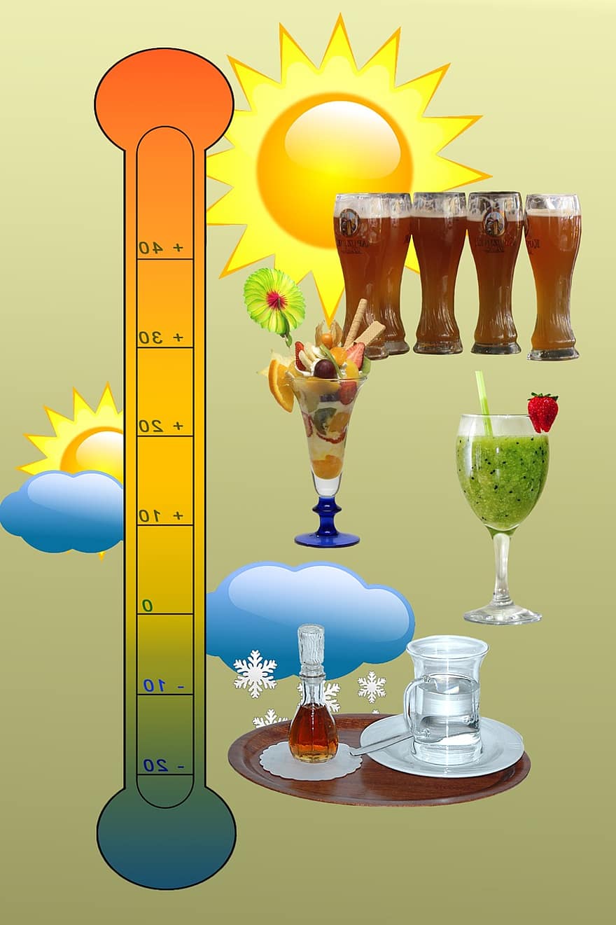 温度計、コールド、ホット、夏、冬、温度、ドリンク、太陽、ビール、氷、ジュース