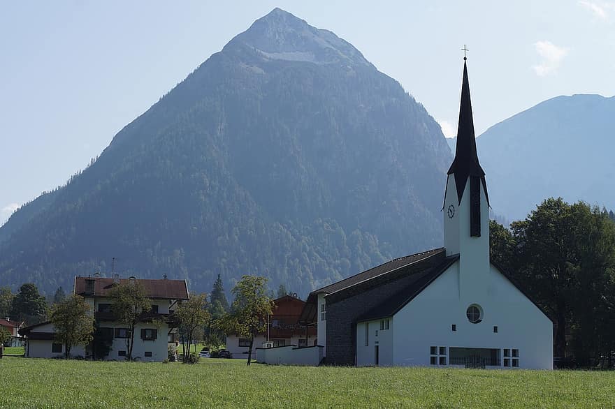 Alpine, Church, Mountains, Village, Town, Steeple, Building, Facade, Religion, Rural, Countryside