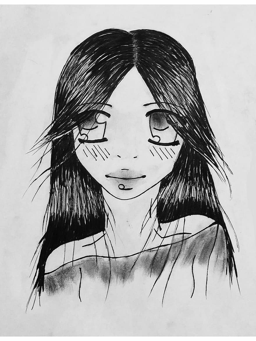 zīmējums, attēlu, krāsotas, glezna, manga, meitene, acis, sejas, džemperis, gariem matiem, lūpas