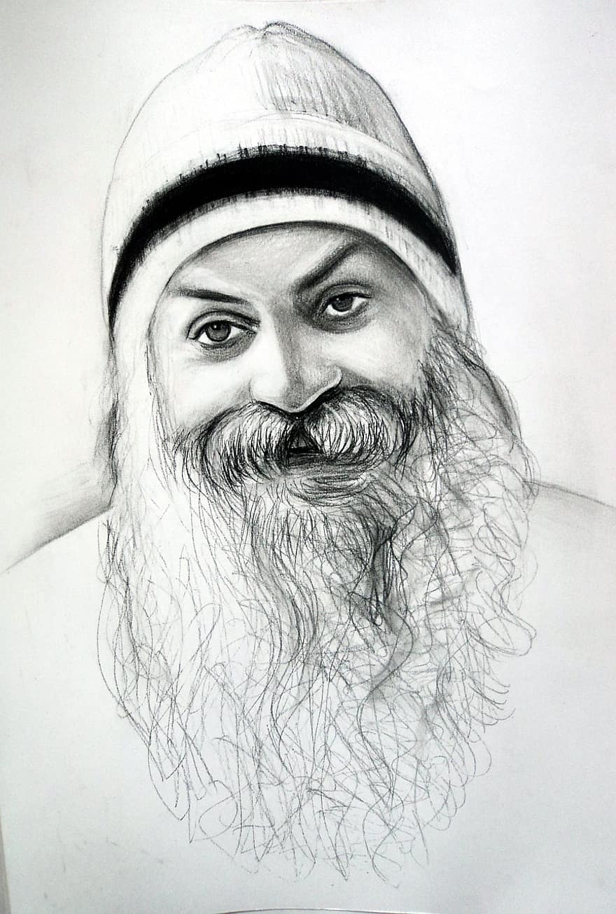 Ошо, гуру, учител, старец, брада, молив, чертеж, портрет