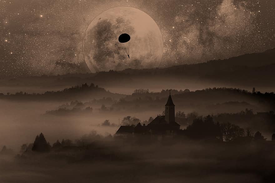 lua, noite, espaço, montanhas, névoa, panorama, luar, religião, Sombrio, assustador, cristandade