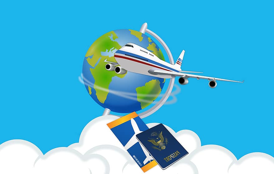 เที่ยวบิน, ตั๋ว, อากาศ, สายการบิน, สนามบิน, สีน้ำเงิน, เครื่องบิน, โลก, การท่องเที่ยว, การเดินทาง, การขนส่ง