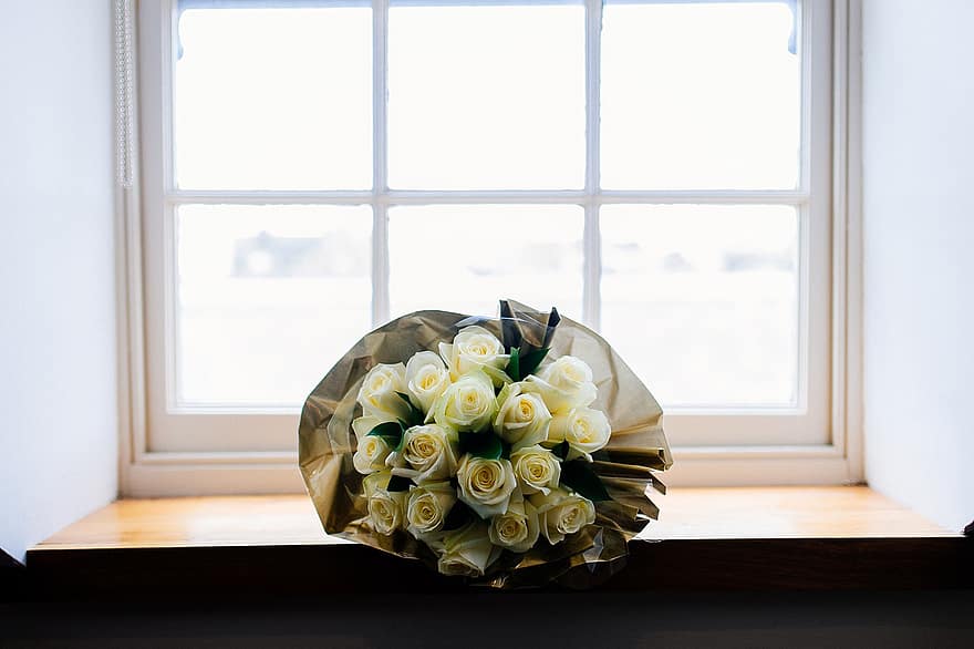 kwiat, ślub, okno, wewnątrz, bukiet, dekoracja, pokój domowy, wazon, drewno, stół, romans