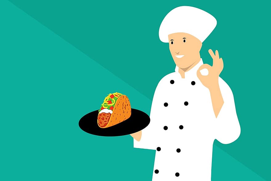 taco, šefpavārs, karikatūra, virtuve, meksikāņu, sombrero, cilvēks, ēdiens, gatavot, valsts, jautrs