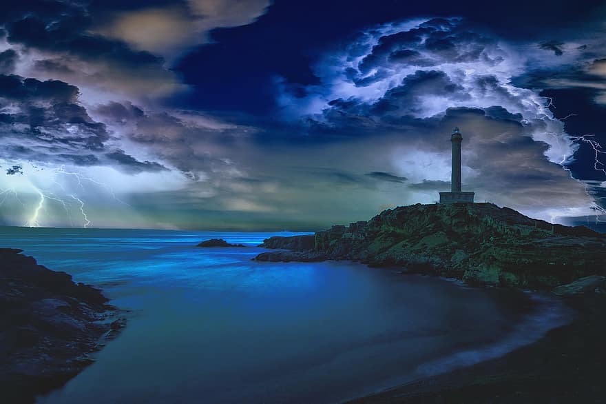 Lighthouse, Sea, Ocean, Thunder, Thunderstorm, Bay, Storm, Clouds, Atmospheric, Weather, Lightning