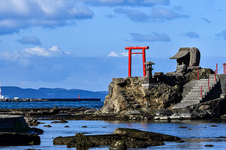 strand, torii, heiligdom, zee, water, kustlijn, blauw, zomer, landschap, klif, rots