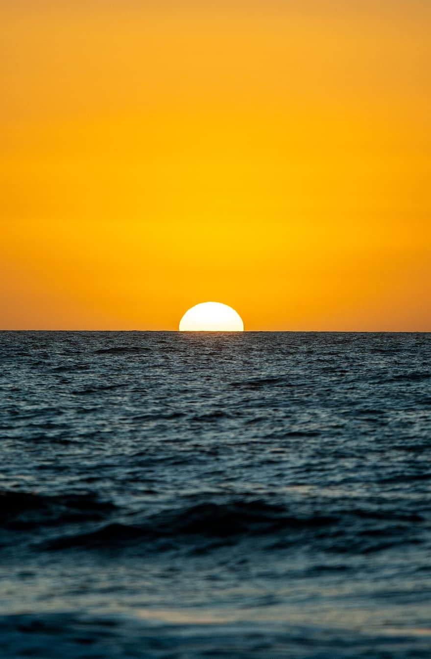 posta de sol, mar, oceà, horitzó, cel taronja, Sol ponent, sol, vespre, crepuscle, paisatge marí, sortida del sol