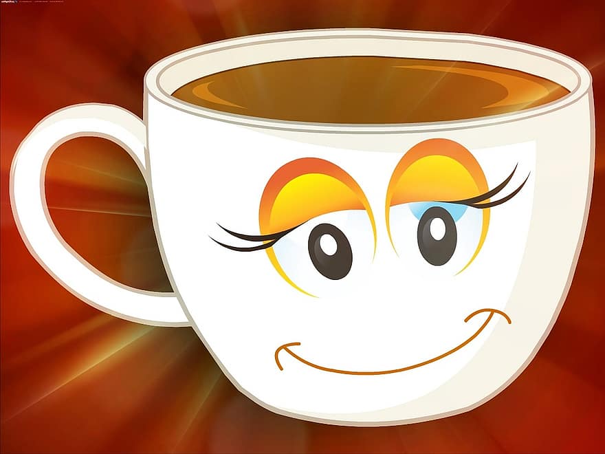 Cup, Coffee Cup, Coffee, Drink, Smiley, Drawing, Colour Coded, Emoticon, White, Smile, Joy