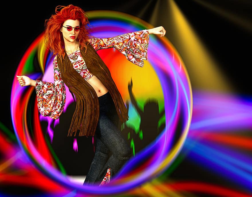 hippie, vrouw, muziek-, spot licht, redhead