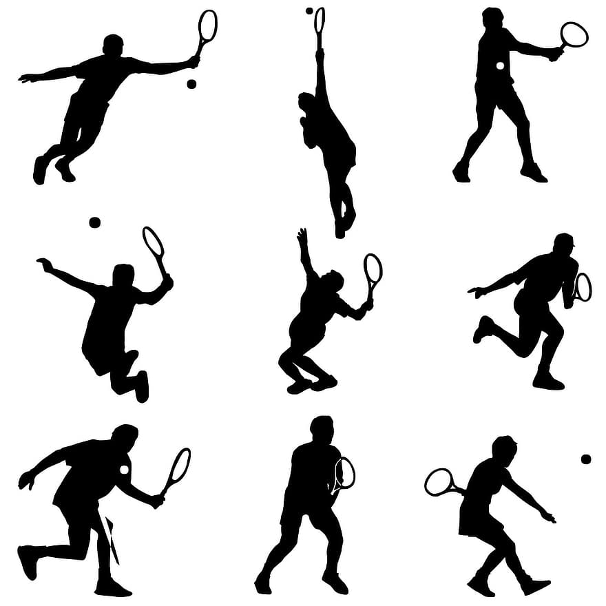 tennis, bold, spil, match, silhuet